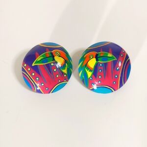 Toucan Vintage Tropical Multicolor Handpainted Circular Raised Wooden Earrings